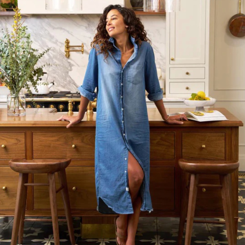 Frank & Eileen Rory Shirtdress Maxi Distressed Vintage Wash Denim L